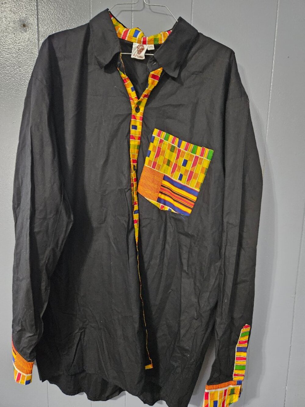Satsuma Men's Kente African Print Button Down Shirt Black 3XL